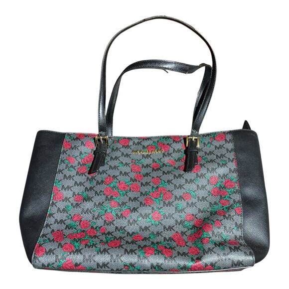 Michael Kors Tote Bag Black Rose Floral MK Monogram Satchel Handbag Purse - Picture 1 of 12